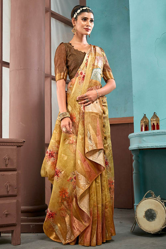 Gold Metallic Cotton Linen NeoJacquard Digital Elegance Saree