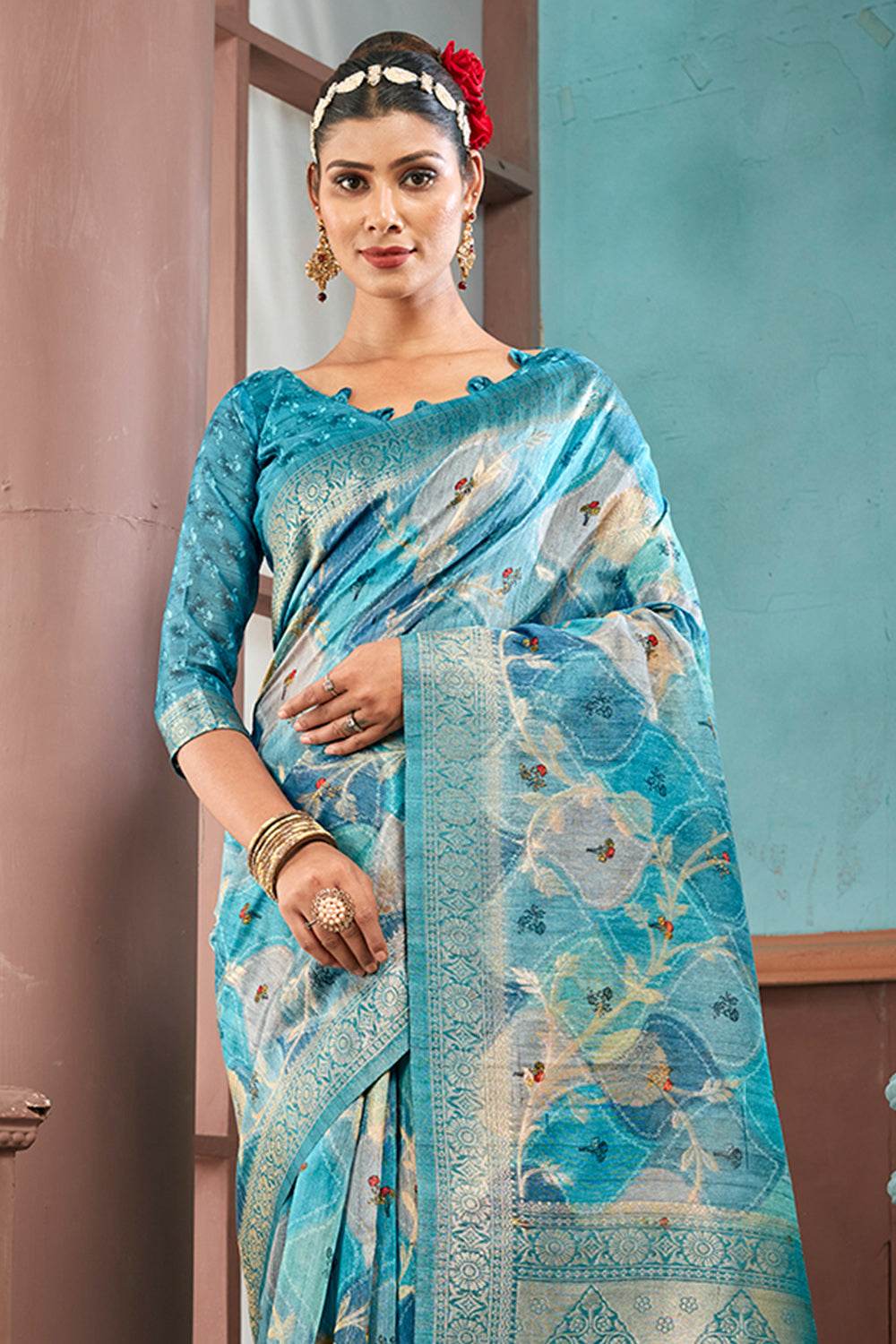 Deep Sea Cotton Linen NeoJacquard Digital Elegance Saree