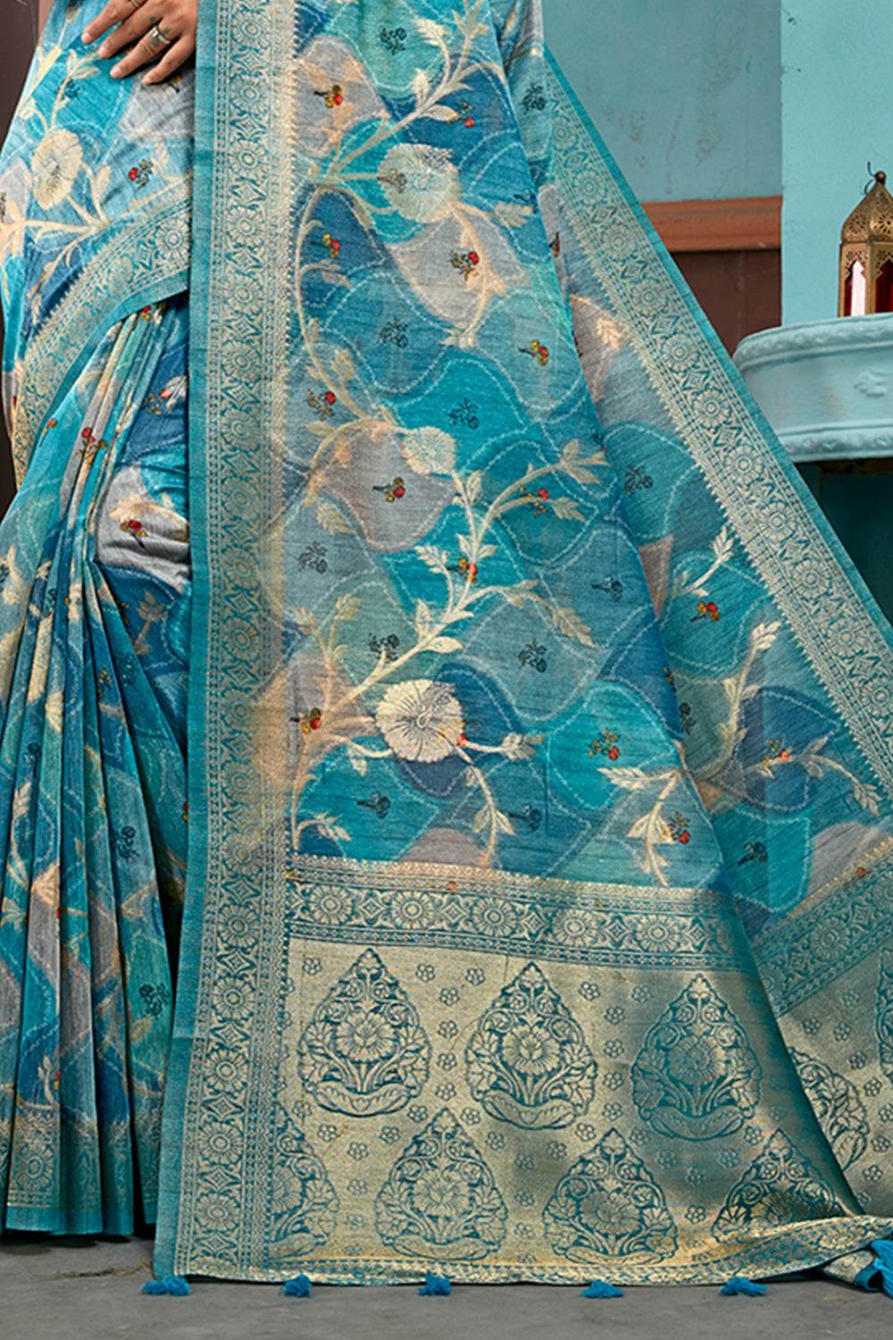 Deep Sea Cotton Linen NeoJacquard Digital Elegance Saree