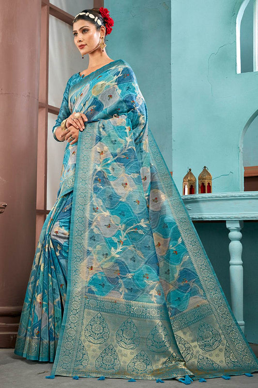 Deep Sea Cotton Linen NeoJacquard Digital Elegance Saree