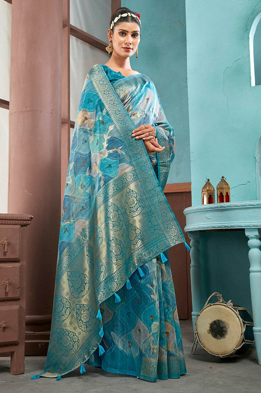 Deep Sea Cotton Linen NeoJacquard Digital Elegance Saree