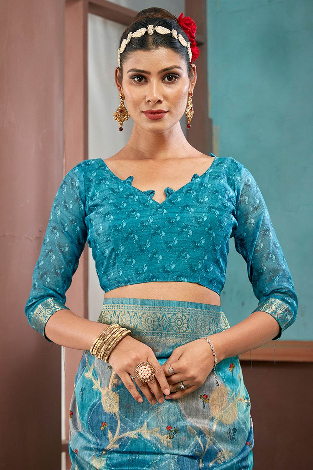 Deep Sea Cotton Linen NeoJacquard Digital Elegance Saree