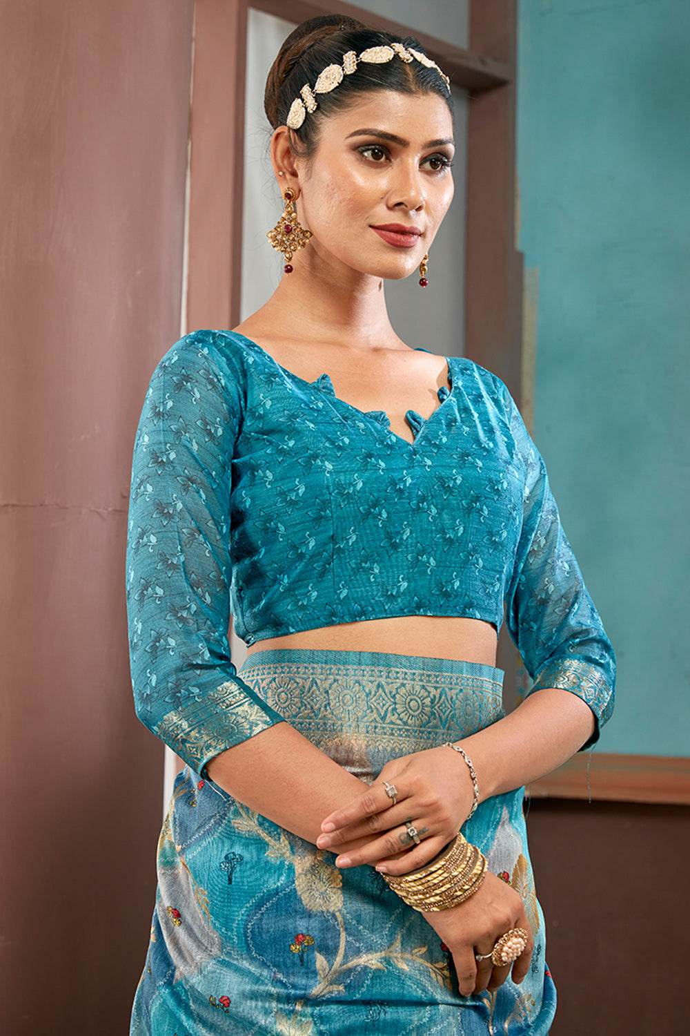 Deep Sea Cotton Linen NeoJacquard Digital Elegance Saree