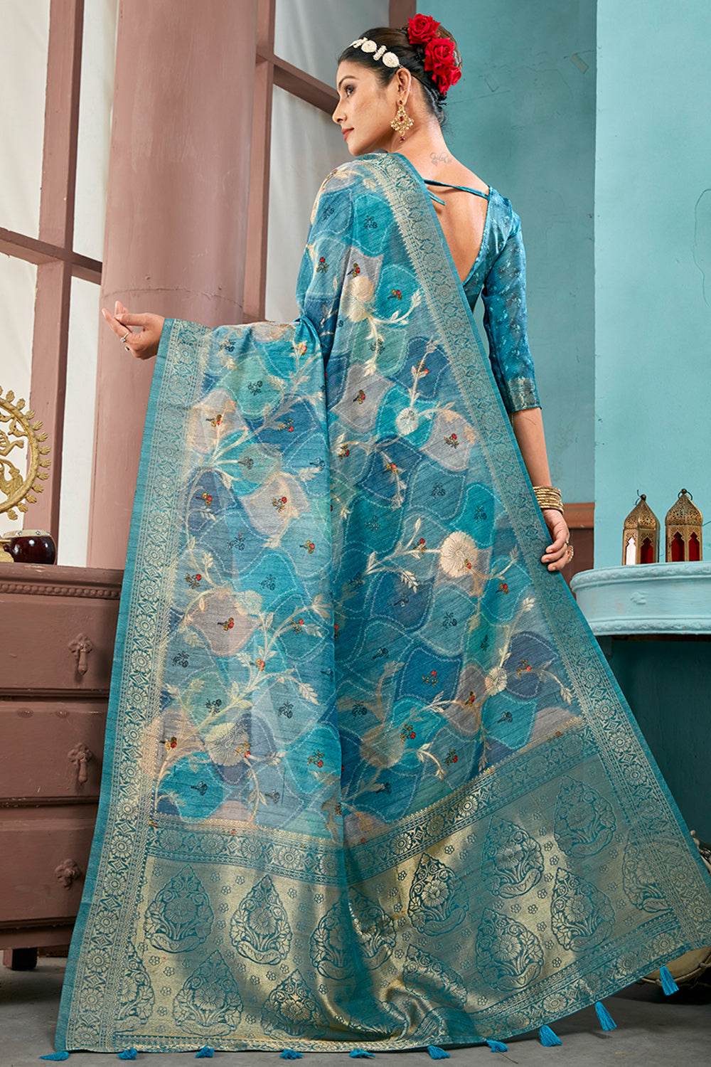 Deep Sea Cotton Linen NeoJacquard Digital Elegance Saree