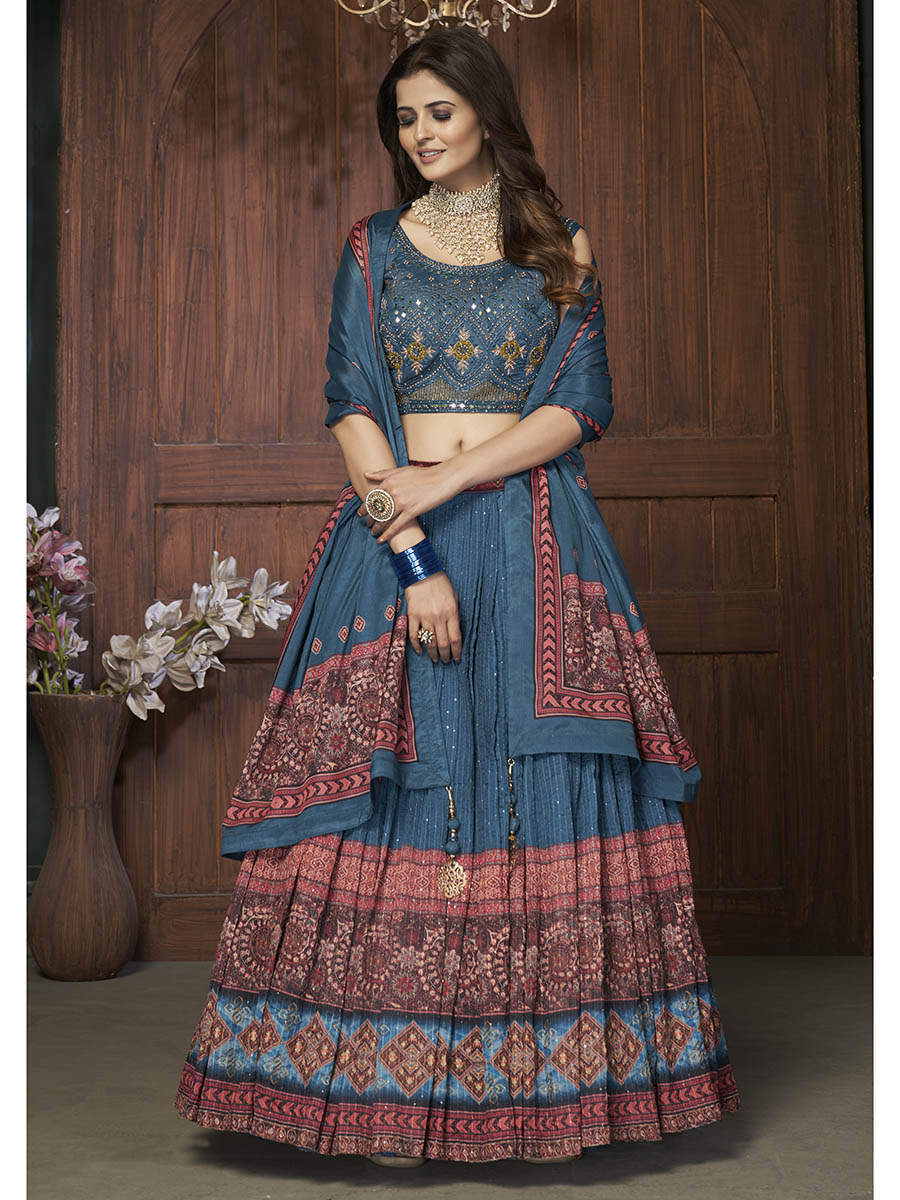 Aqua Blue Chinon Embroidered Designer Lehenga