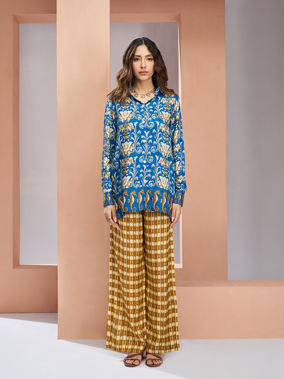 Royal blue floral designer pure muslin silk co ord set for women