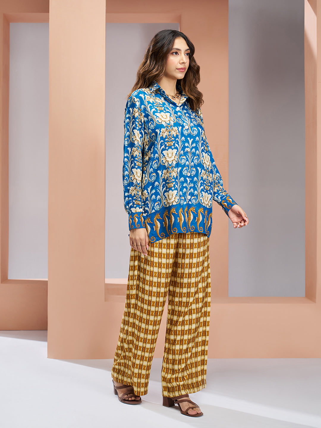 Royal blue floral designer pure muslin silk co ord set for women