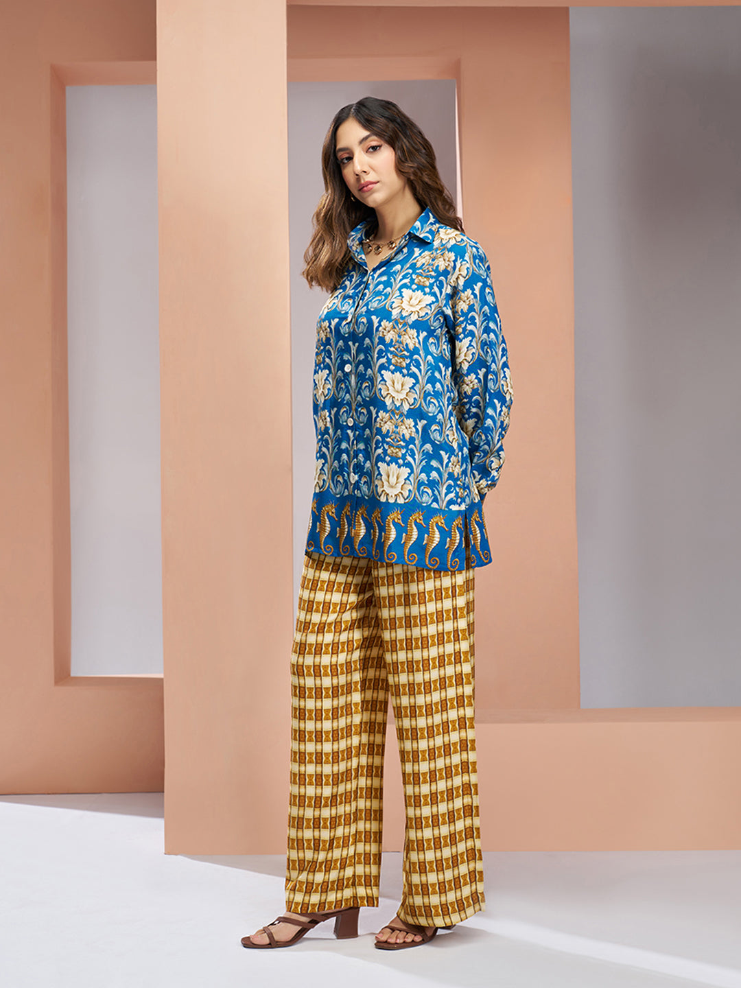 Royal blue floral designer pure muslin silk co ord set for women