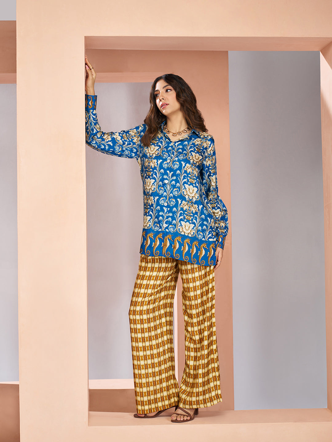 Royal blue floral designer pure muslin silk co ord set for women