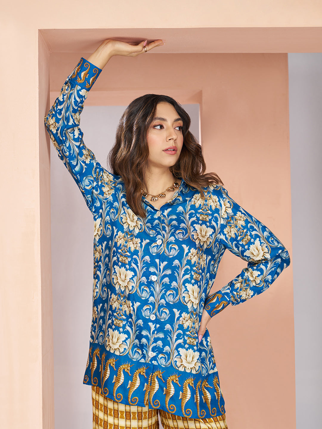 Royal blue floral designer pure muslin silk co ord set for women