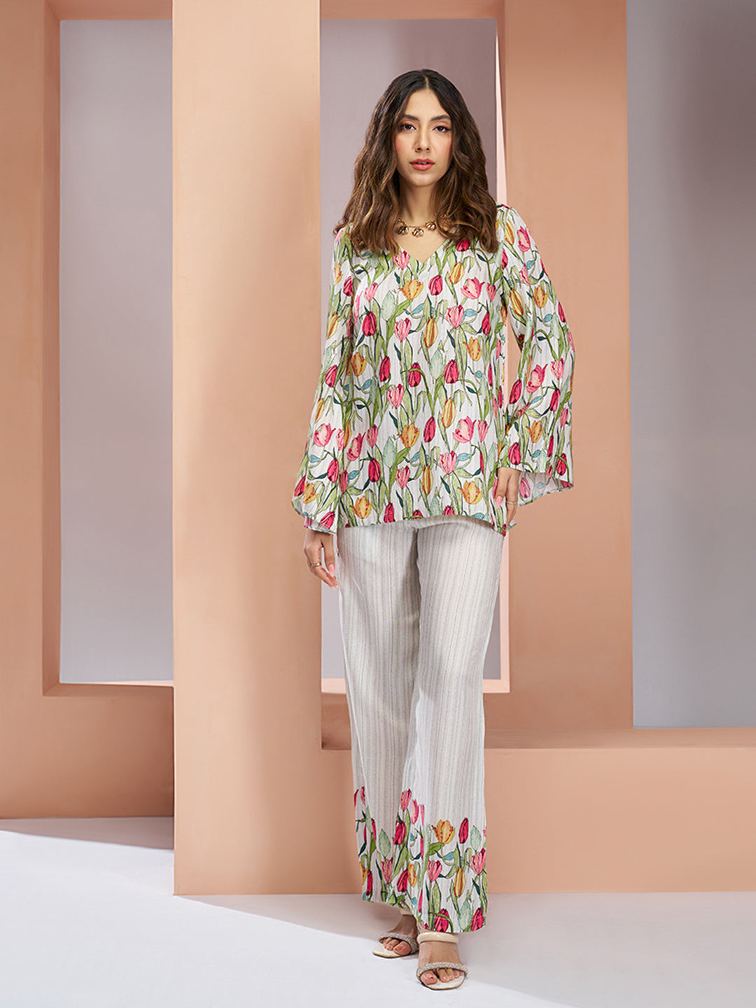 White floral pure muslin silk designer co ord set for women