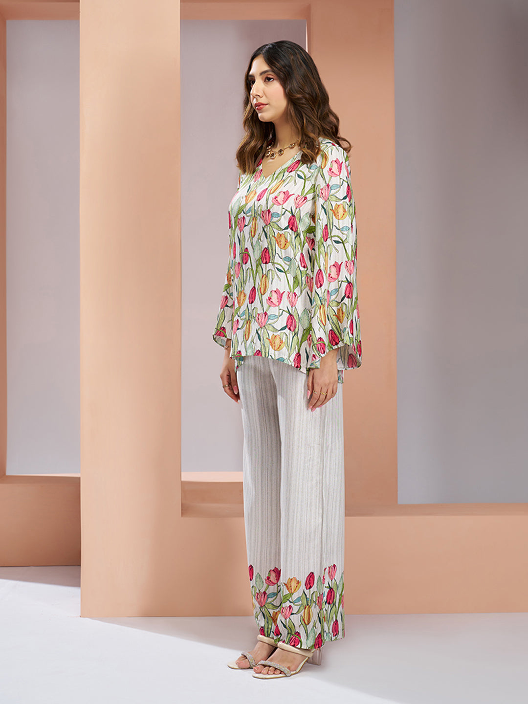 White floral pure muslin silk designer co ord set for women