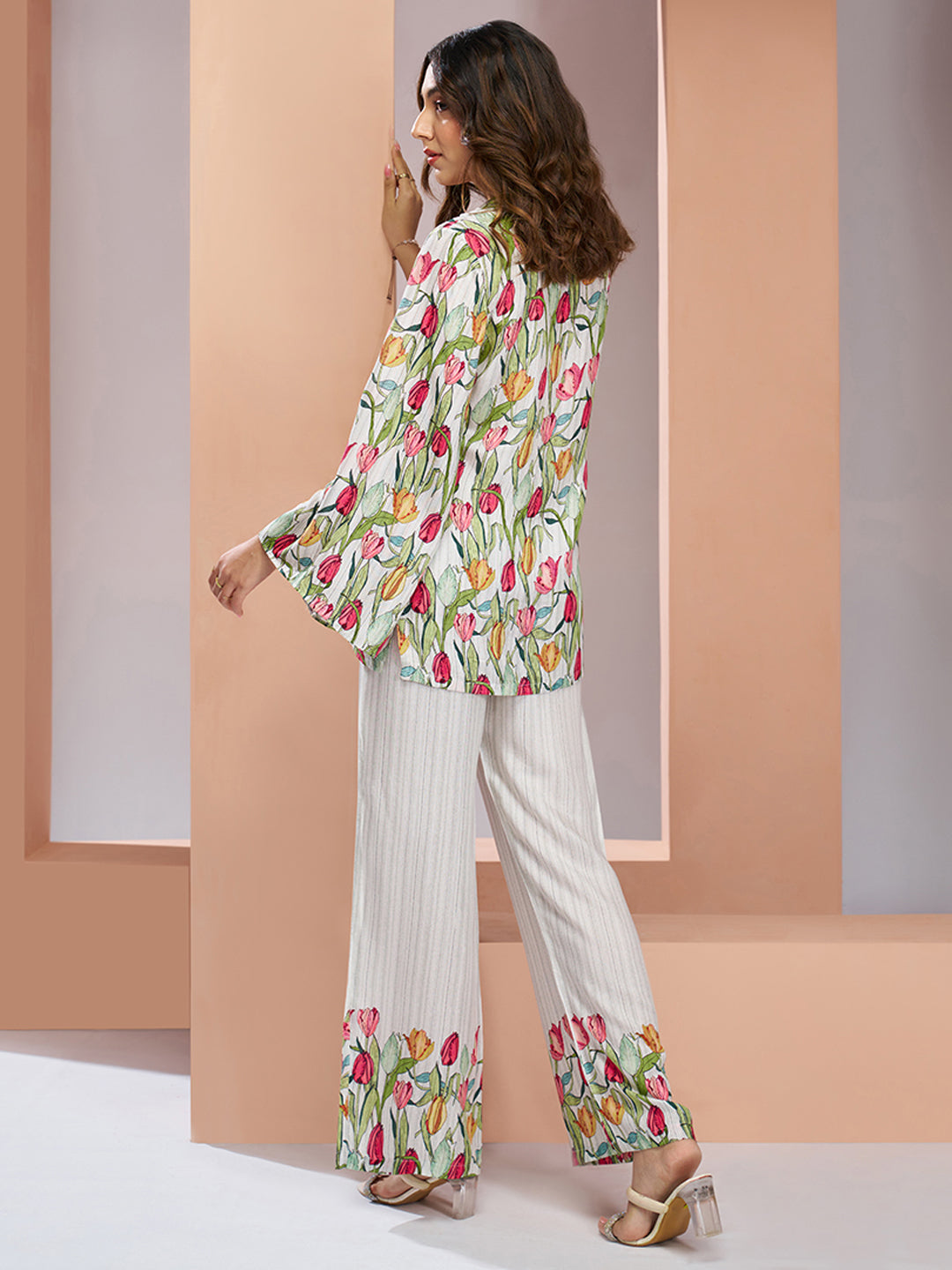 White floral pure muslin silk designer co ord set for women