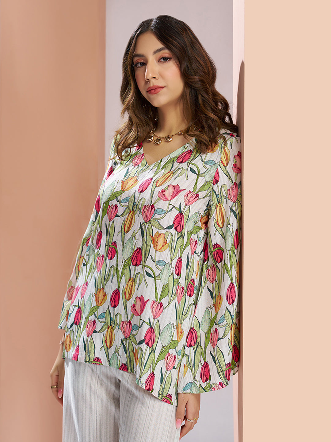 White floral pure muslin silk designer co ord set for women