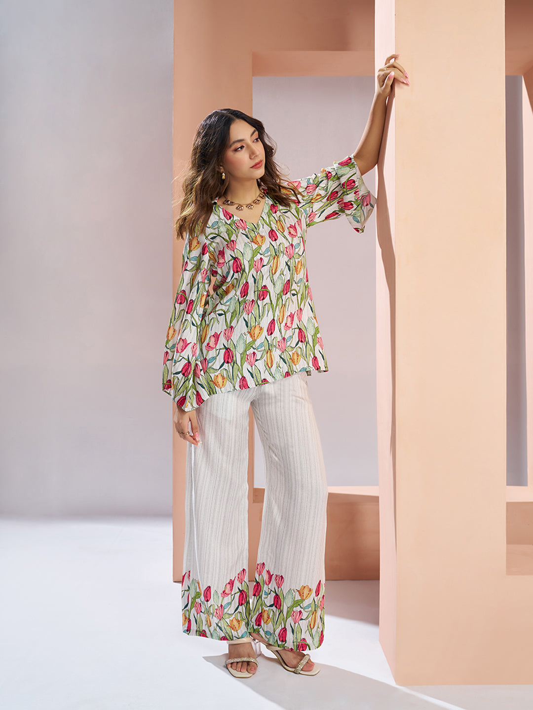 White floral pure muslin silk designer co ord set for women
