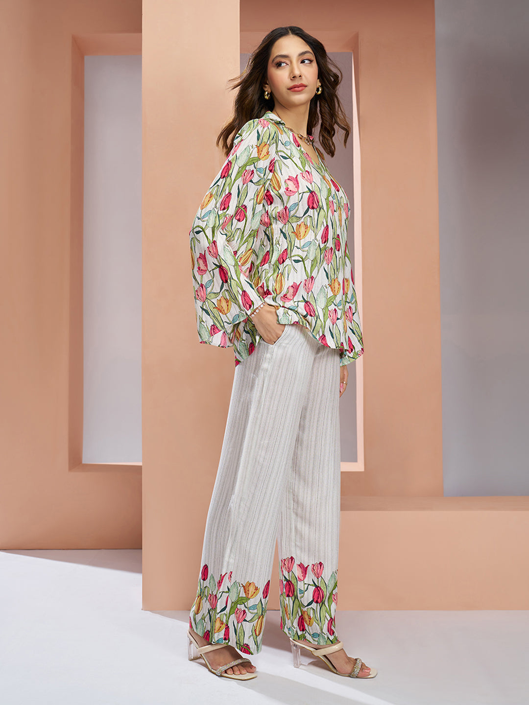 White floral pure muslin silk designer co ord set for women