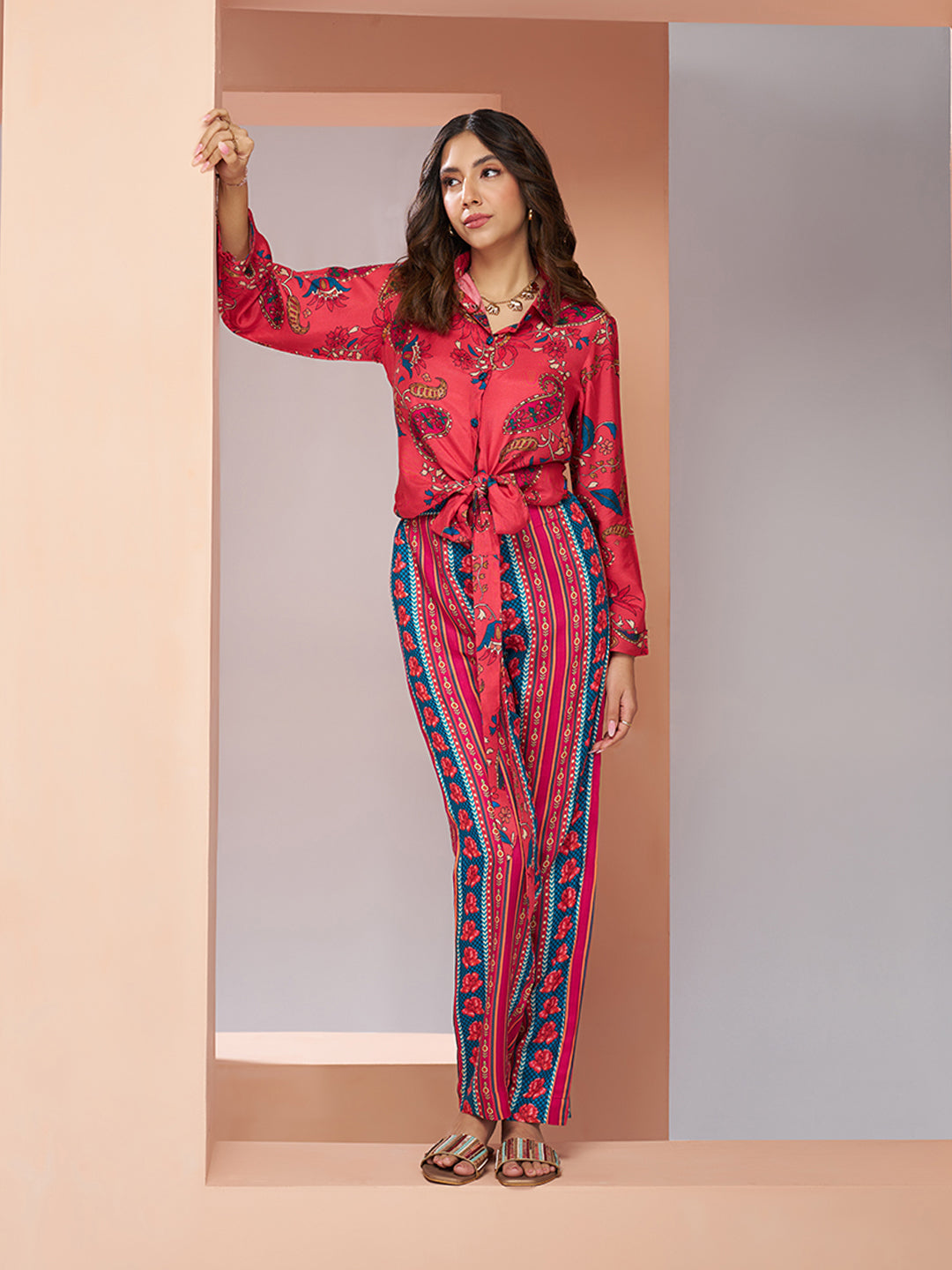 Coral pink pure muslin silk designer co ord set for women