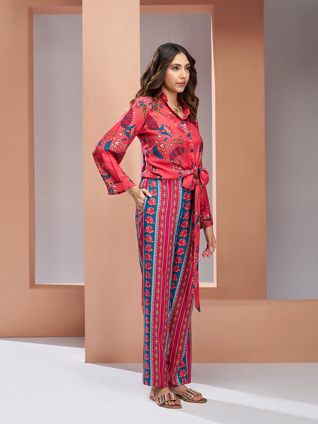 Coral pink pure muslin silk designer co ord set for women