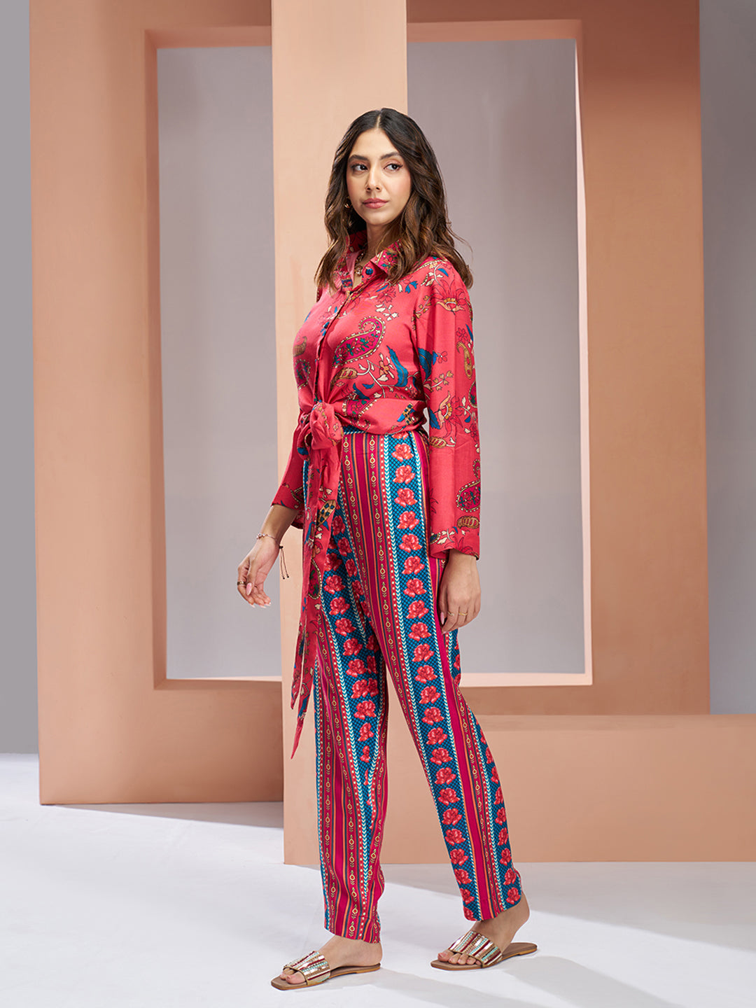 Coral pink pure muslin silk designer co ord set for women