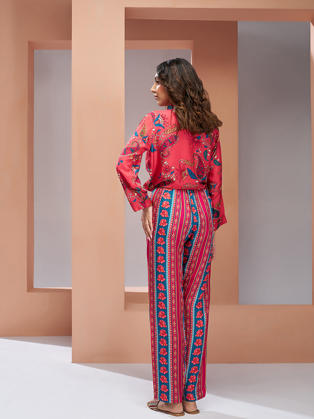 Coral pink pure muslin silk designer co ord set for women