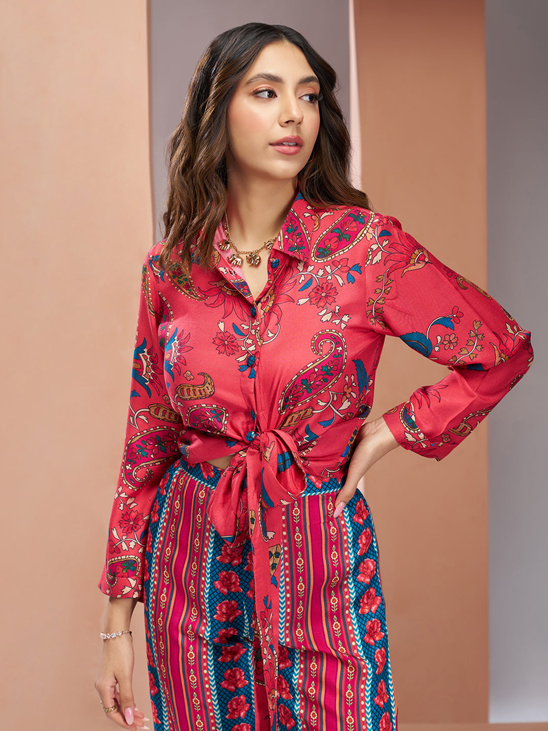Coral pink pure muslin silk designer co ord set for women