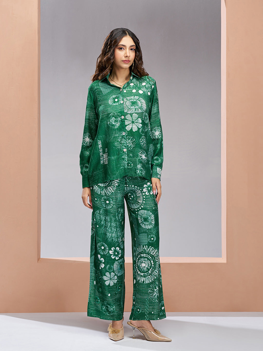 Dark green designer pure muslin silk floral co ord set for women