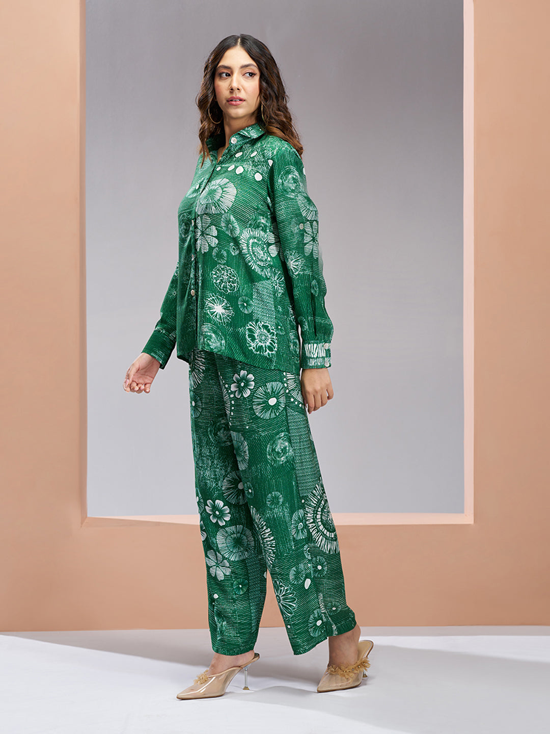 Dark green designer pure muslin silk floral co ord set for women