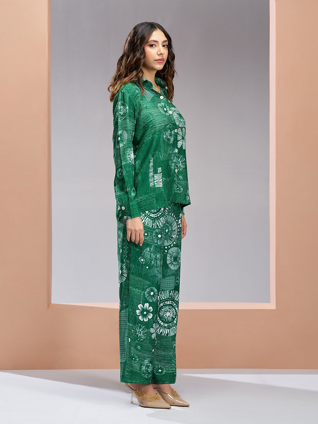 Dark green designer pure muslin silk floral co ord set for women