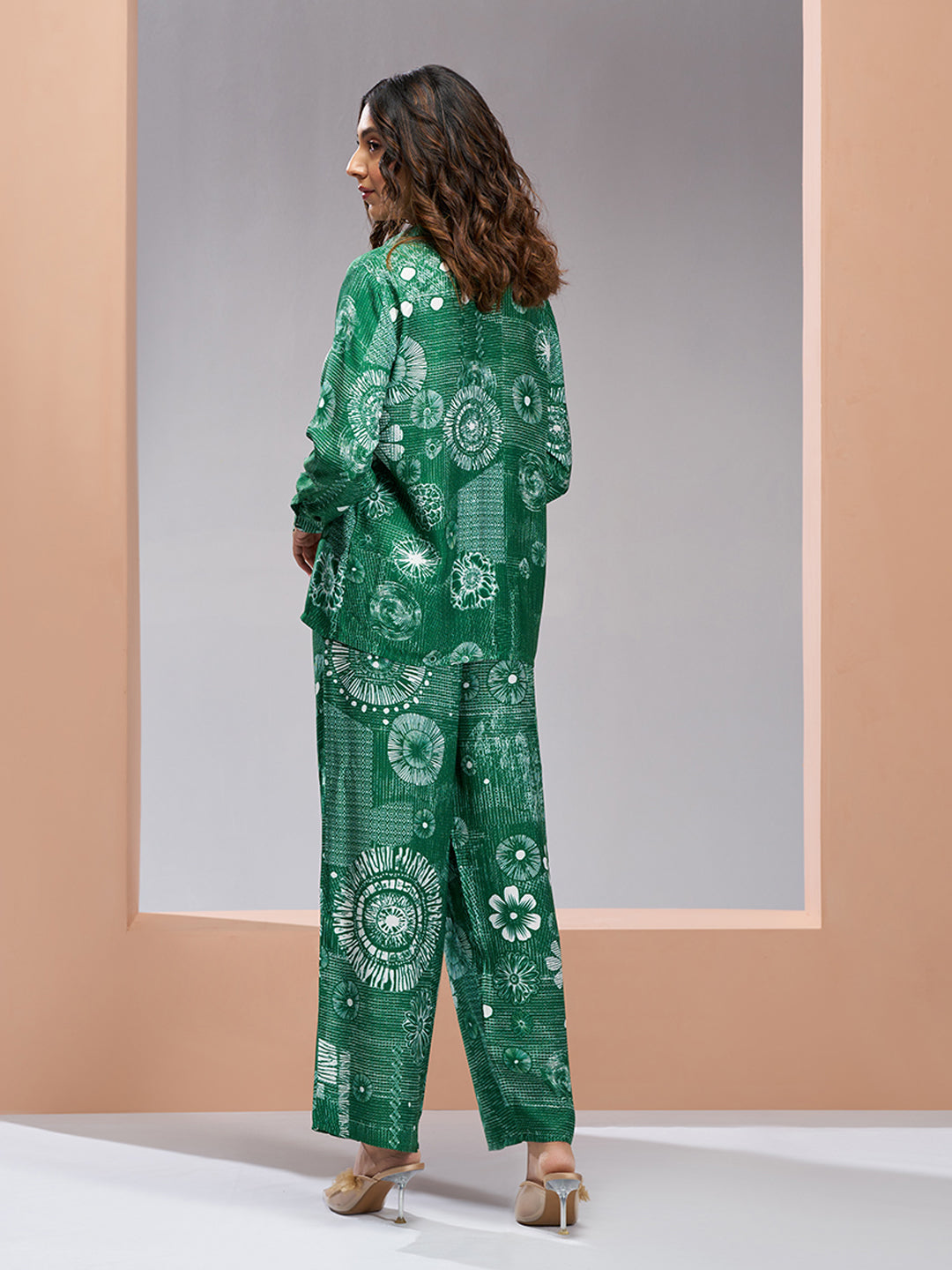 Dark green designer pure muslin silk floral co ord set for women