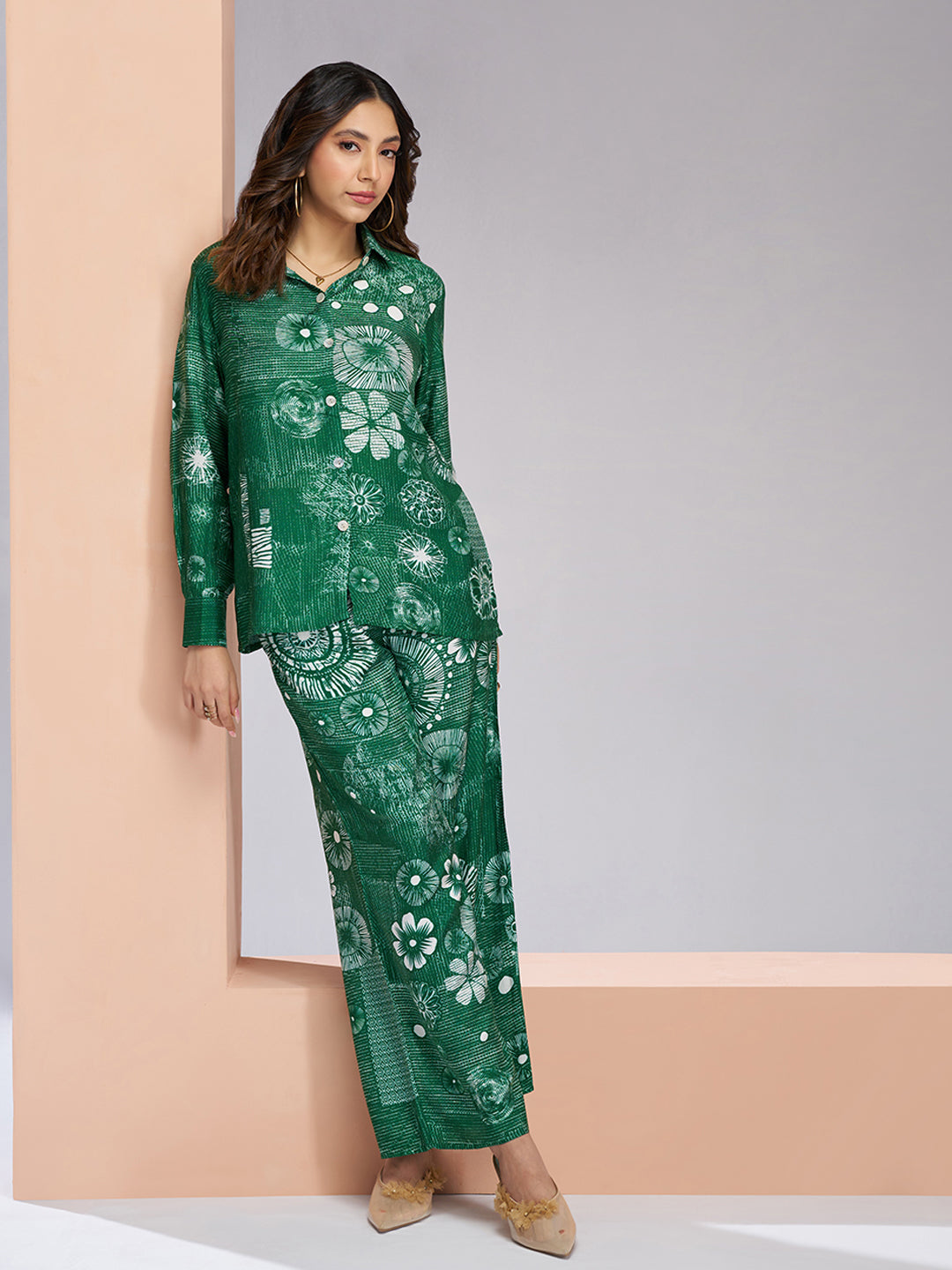 Dark green designer pure muslin silk floral co ord set for women