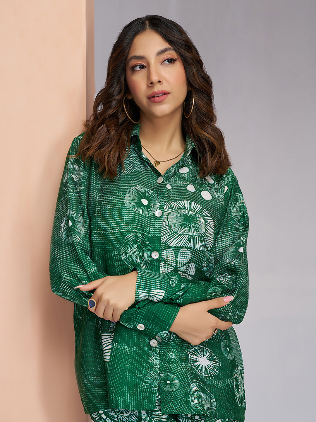 Dark green designer pure muslin silk floral co ord set for women