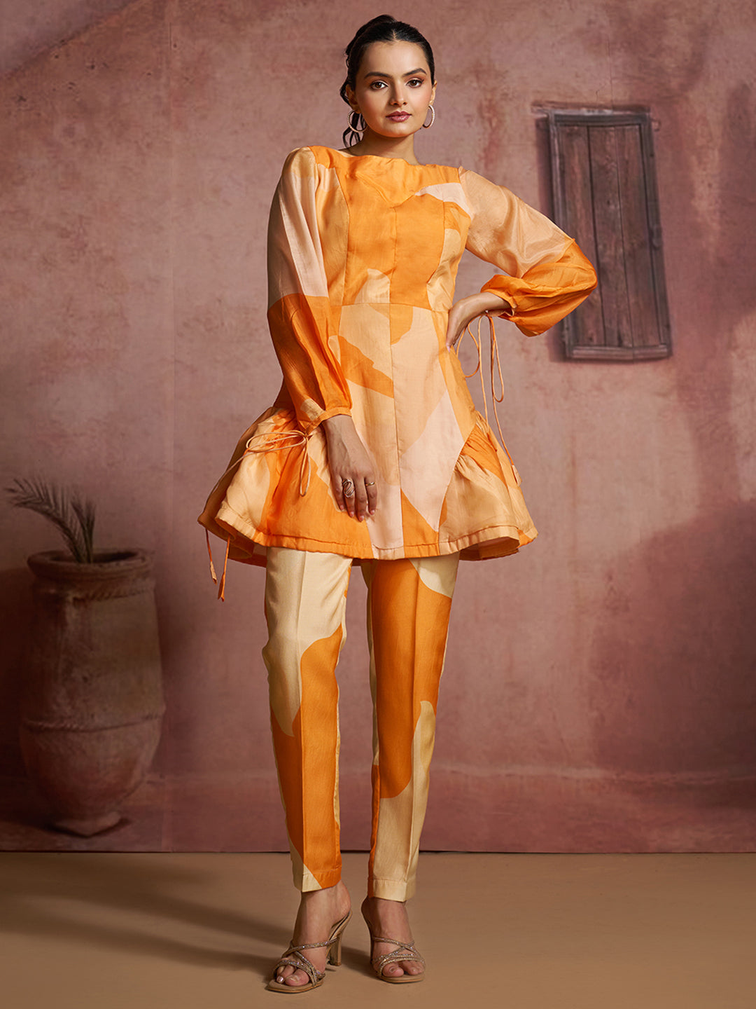 Luxury pure muslin silk abstract orange co ord set for women