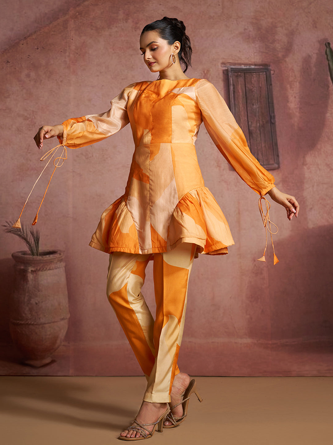 Luxury pure muslin silk abstract orange co ord set for women