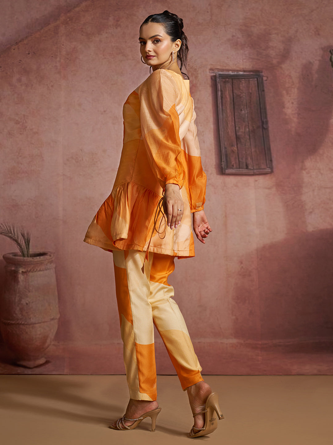 Luxury pure muslin silk abstract orange co ord set for women