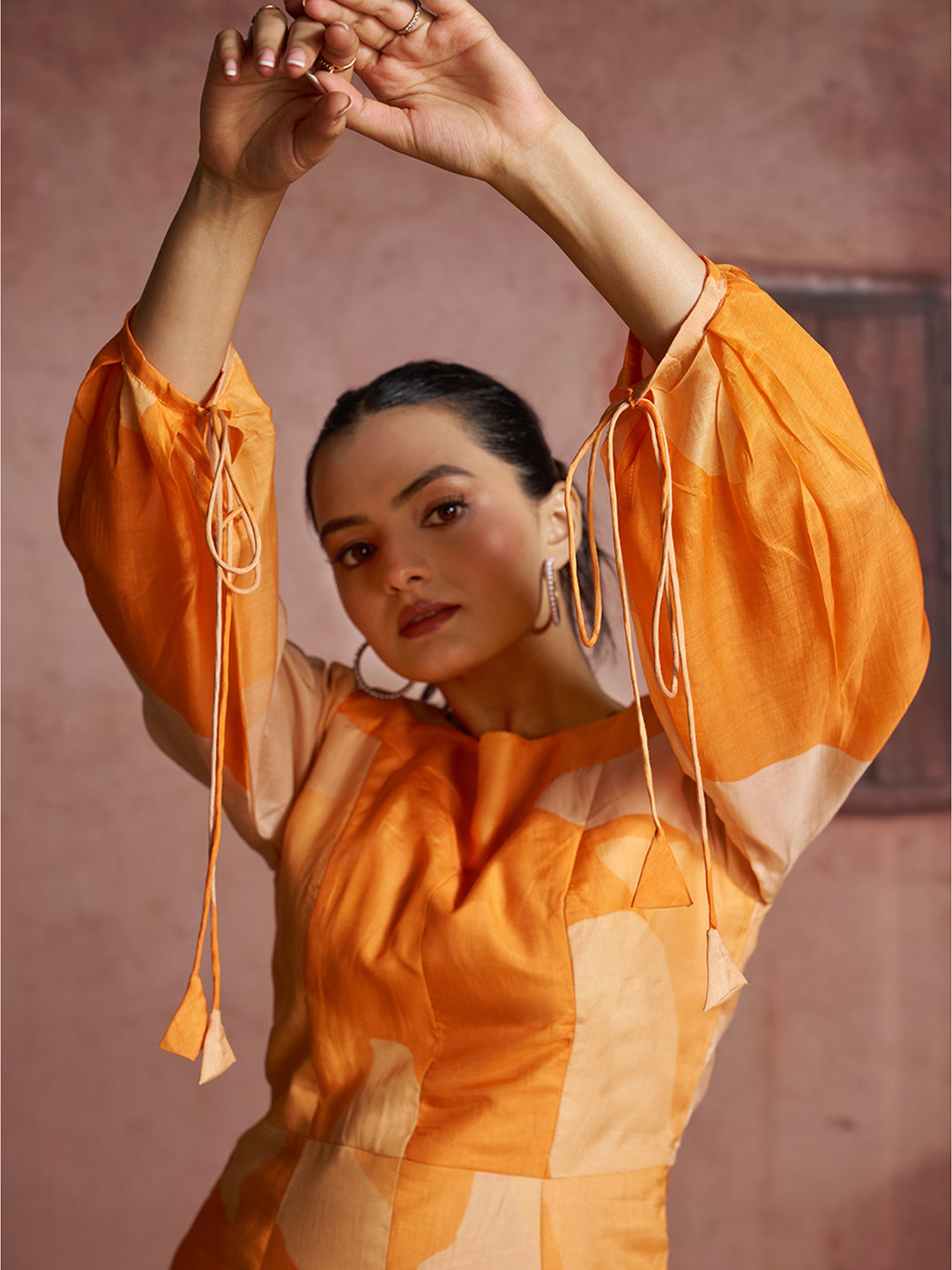Luxury pure muslin silk abstract orange co ord set for women