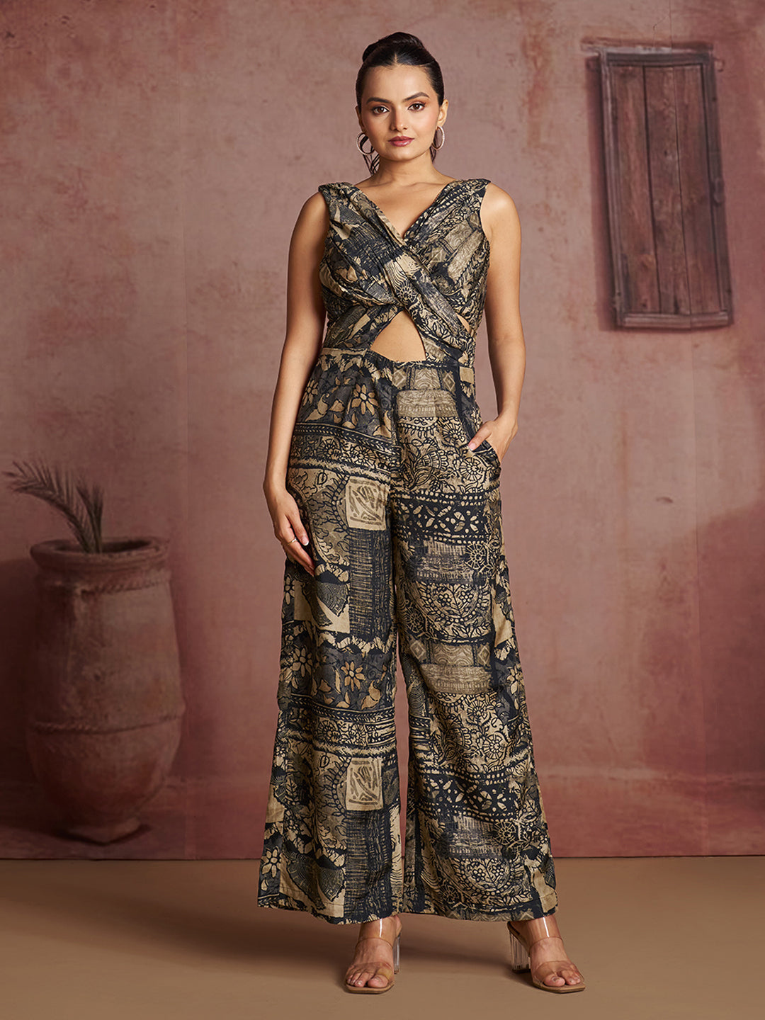 Black partywear pure muslin silk printed designer jumpsuit