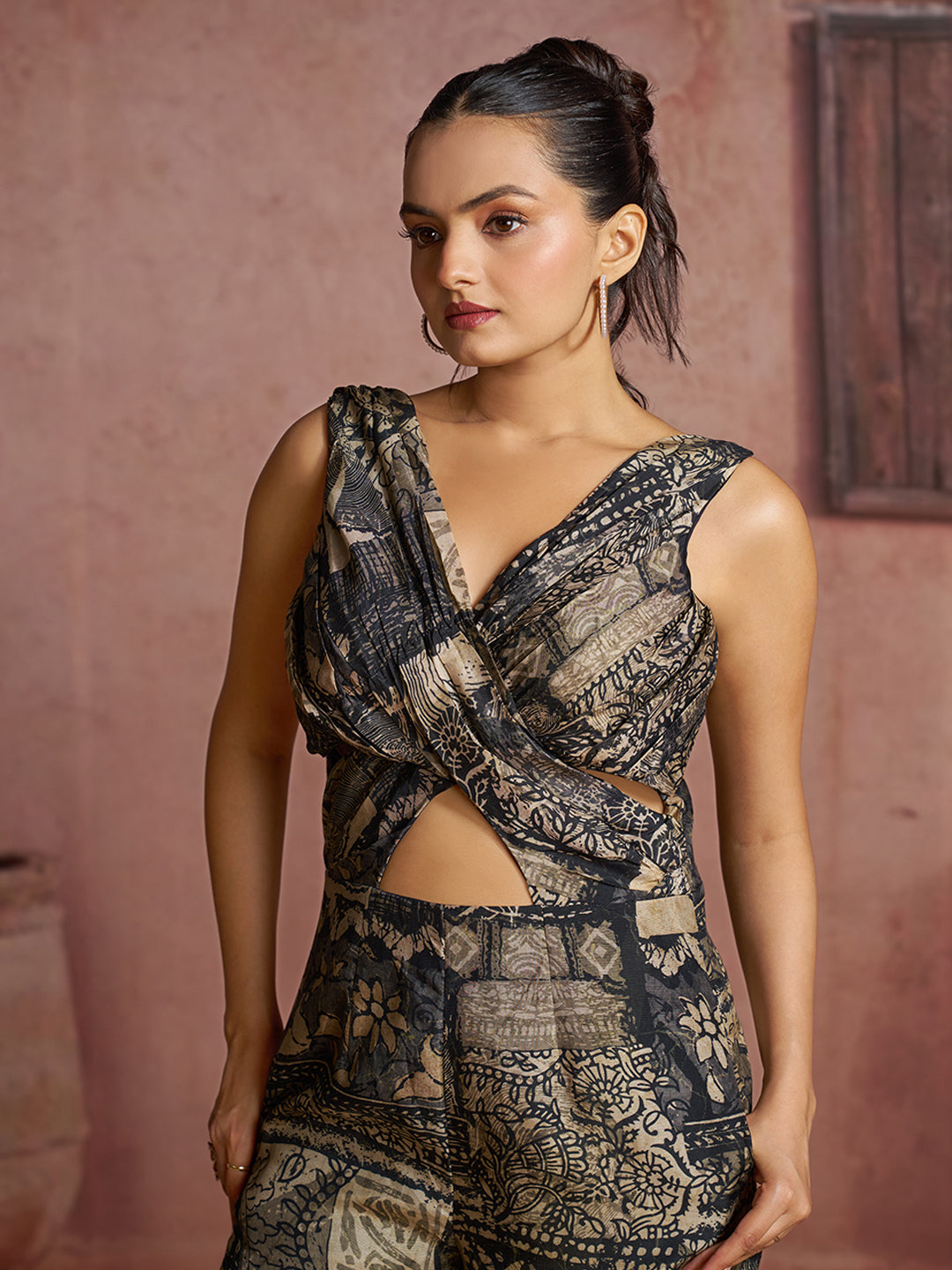 Black partywear pure muslin silk printed designer jumpsuit