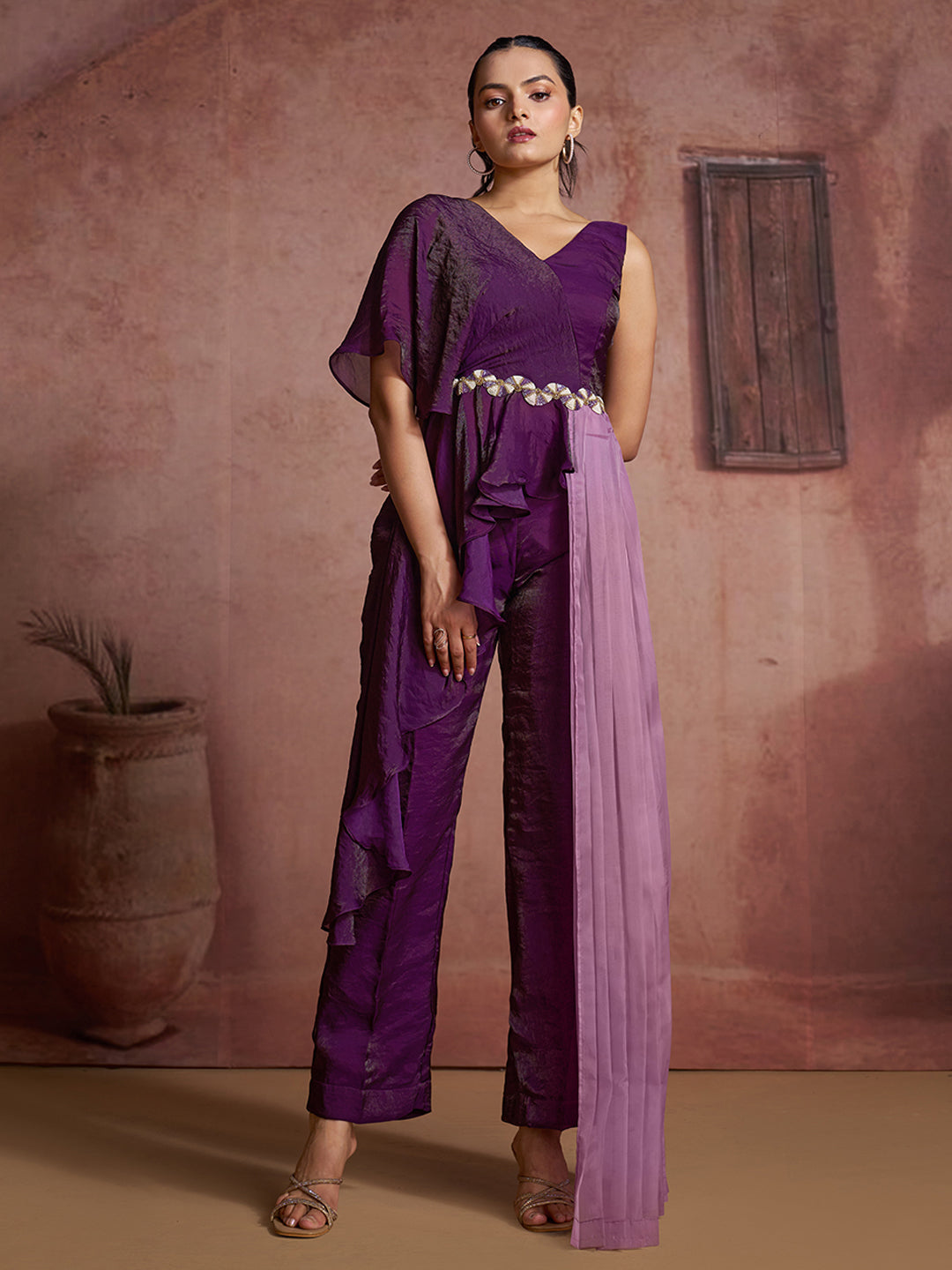 Premium wine organza co ord set with elegant luxury look