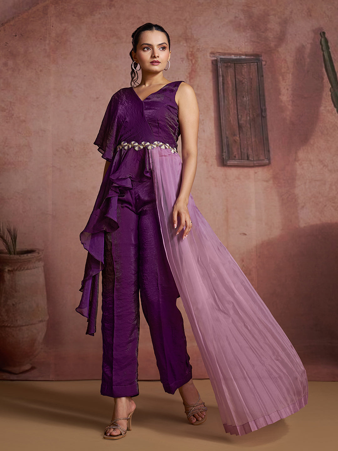 Premium wine organza co ord set with elegant luxury look