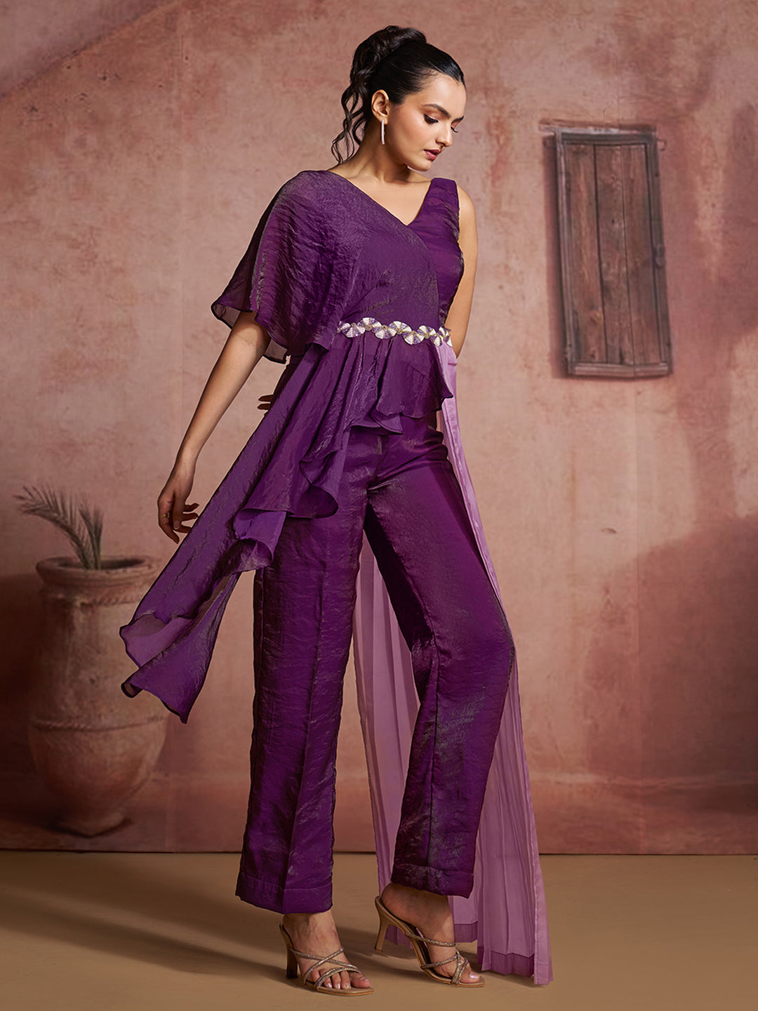 Premium wine organza co ord set with elegant luxury look