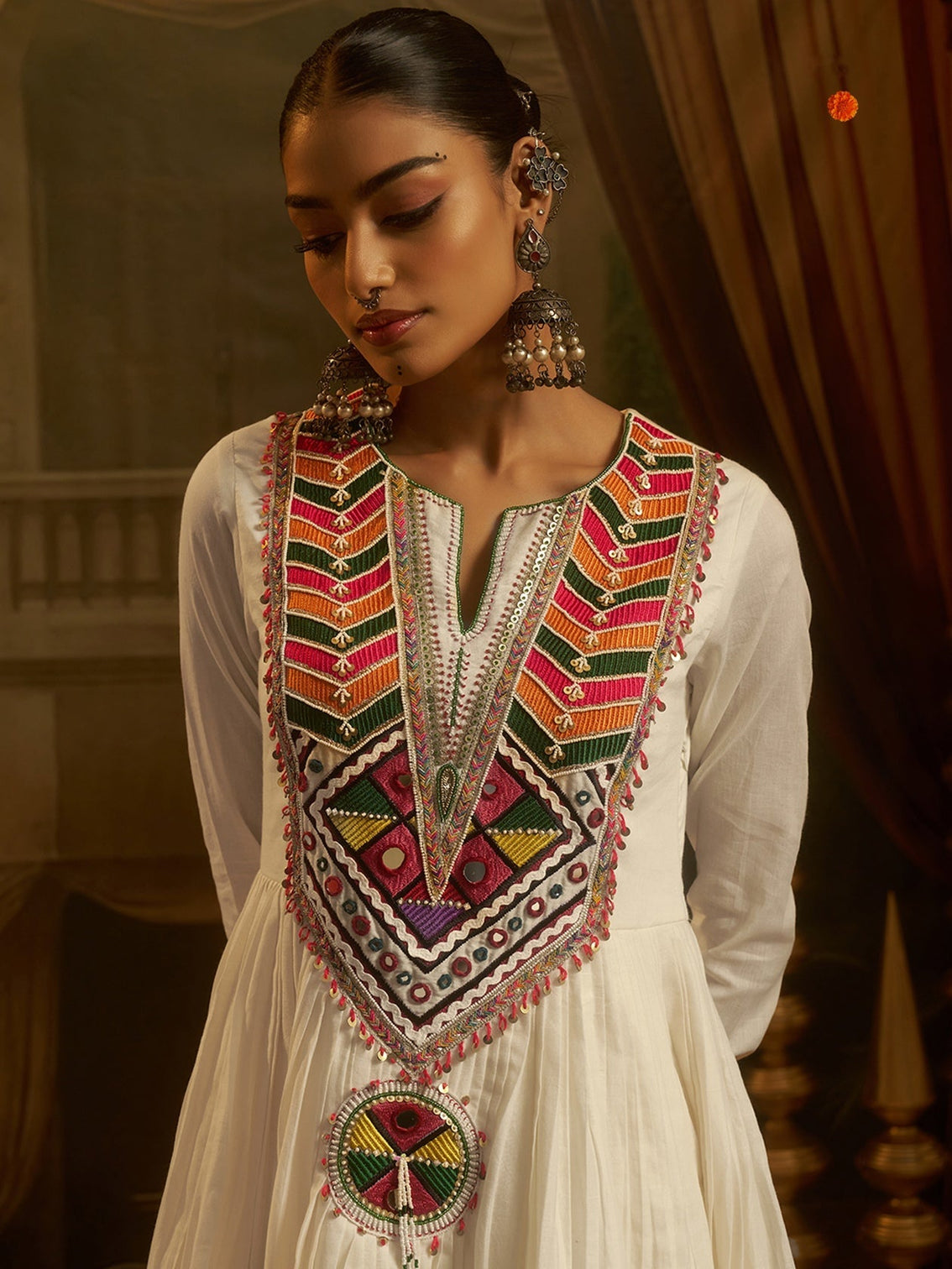 Moonlit Off White Mul Cotton Handwork Navratri Dress