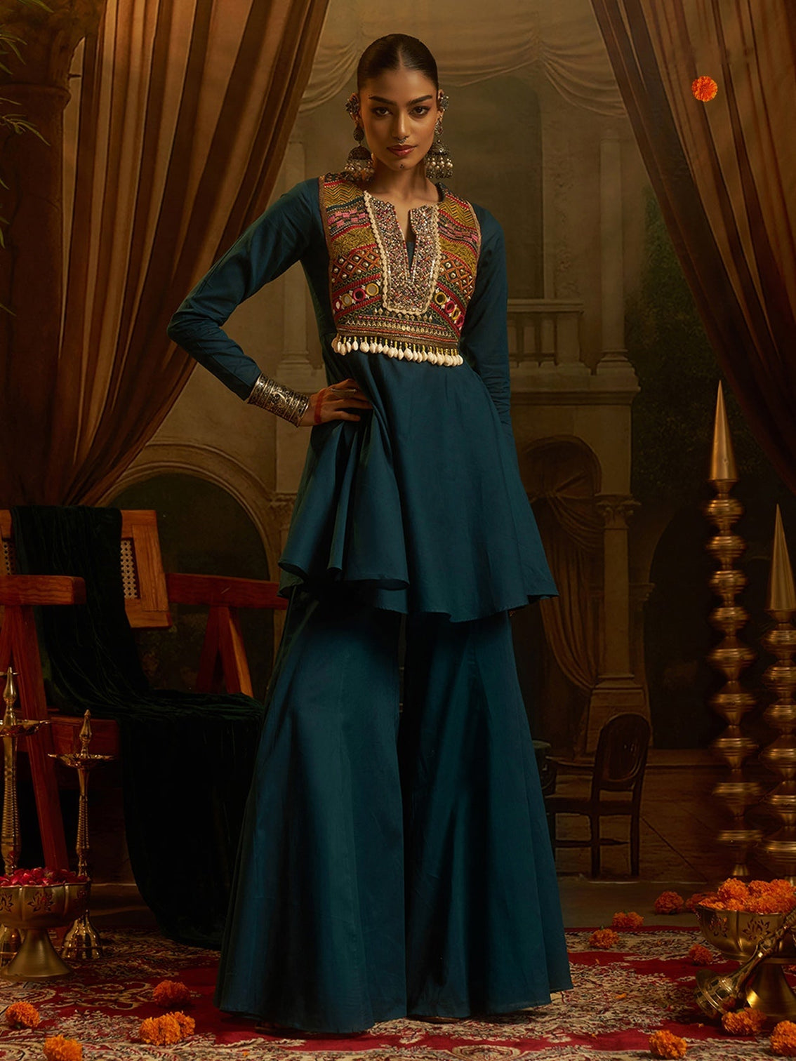Peacock Teal Blue Mul Cotton Handwork Navratri Dress