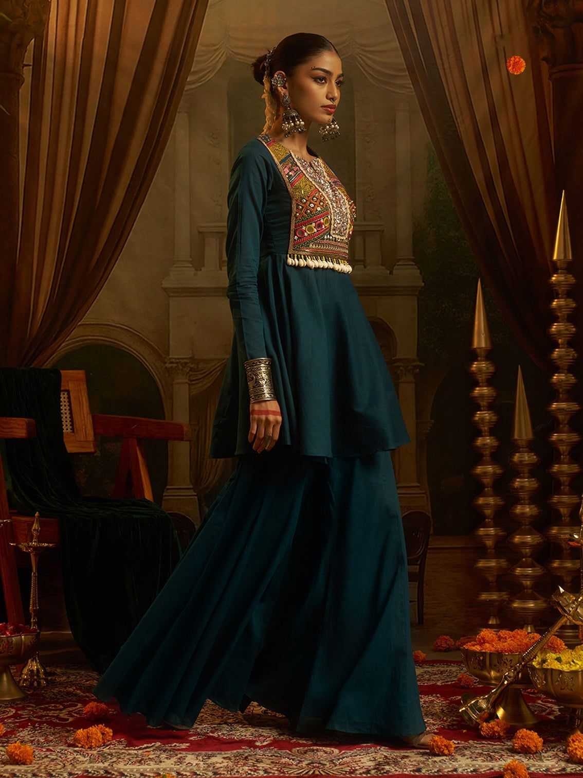 Peacock Teal Blue Mul Cotton Handwork Navratri Dress