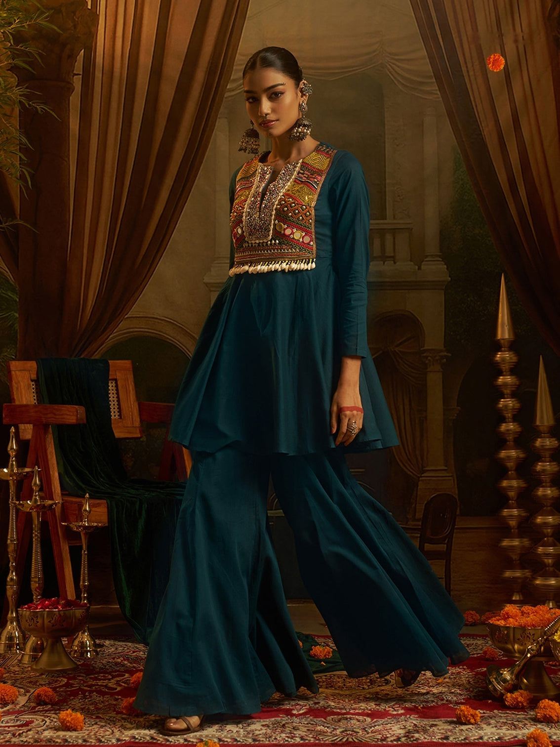 Peacock Teal Blue Mul Cotton Handwork Navratri Dress