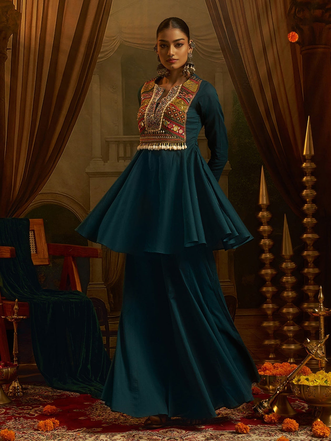 Peacock Teal Blue Mul Cotton Handwork Navratri Dress