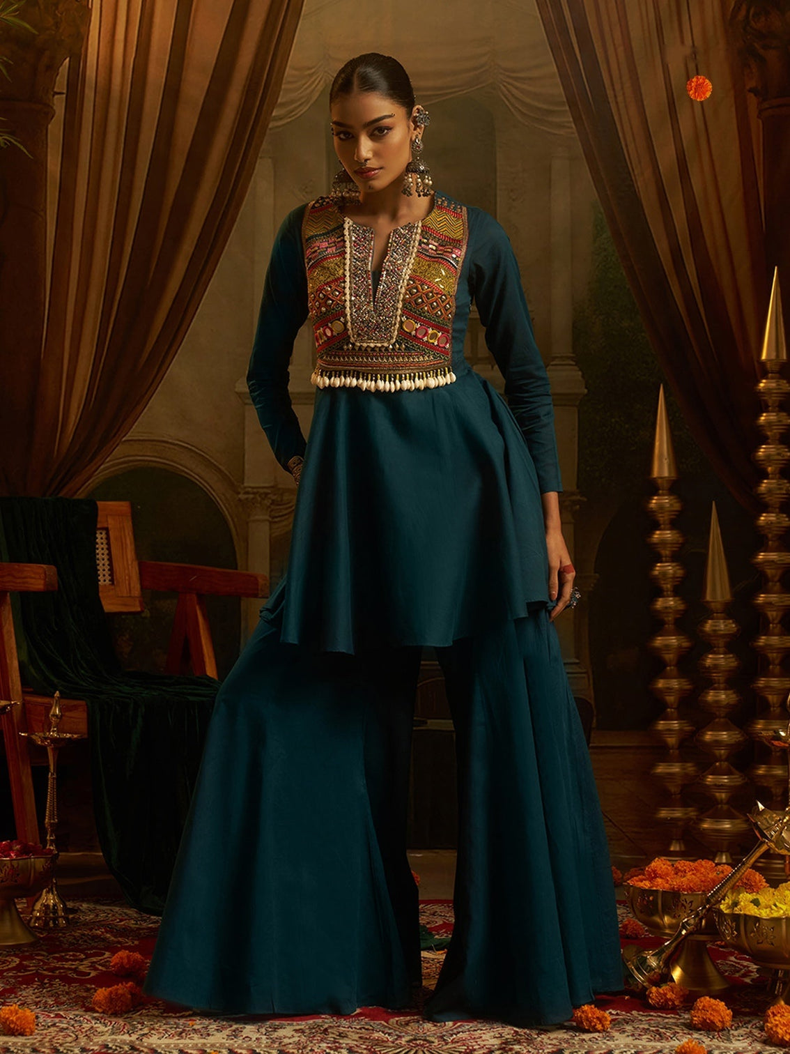Peacock Teal Blue Mul Cotton Handwork Navratri Dress