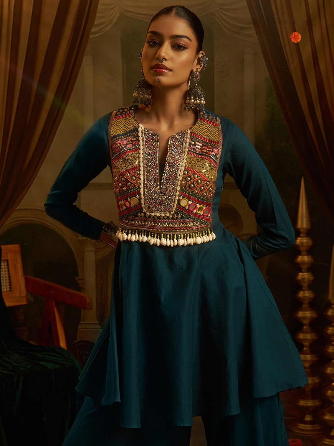 Peacock Teal Blue Mul Cotton Handwork Navratri Dress