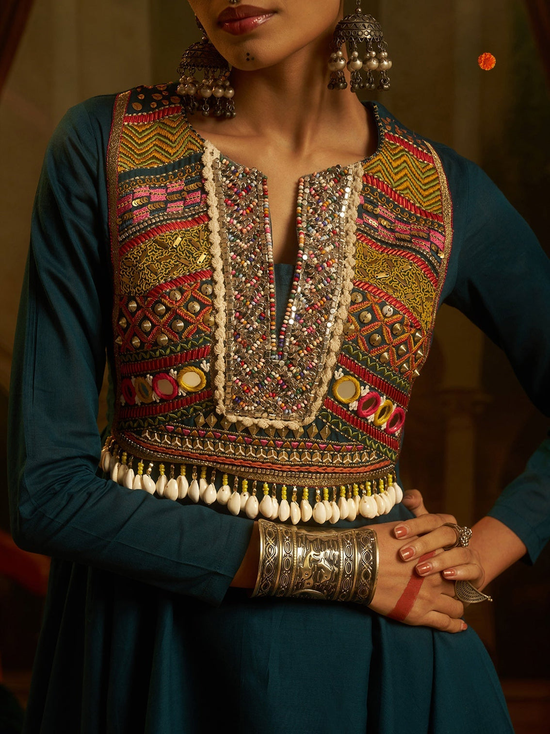 Peacock Teal Blue Mul Cotton Handwork Navratri Dress