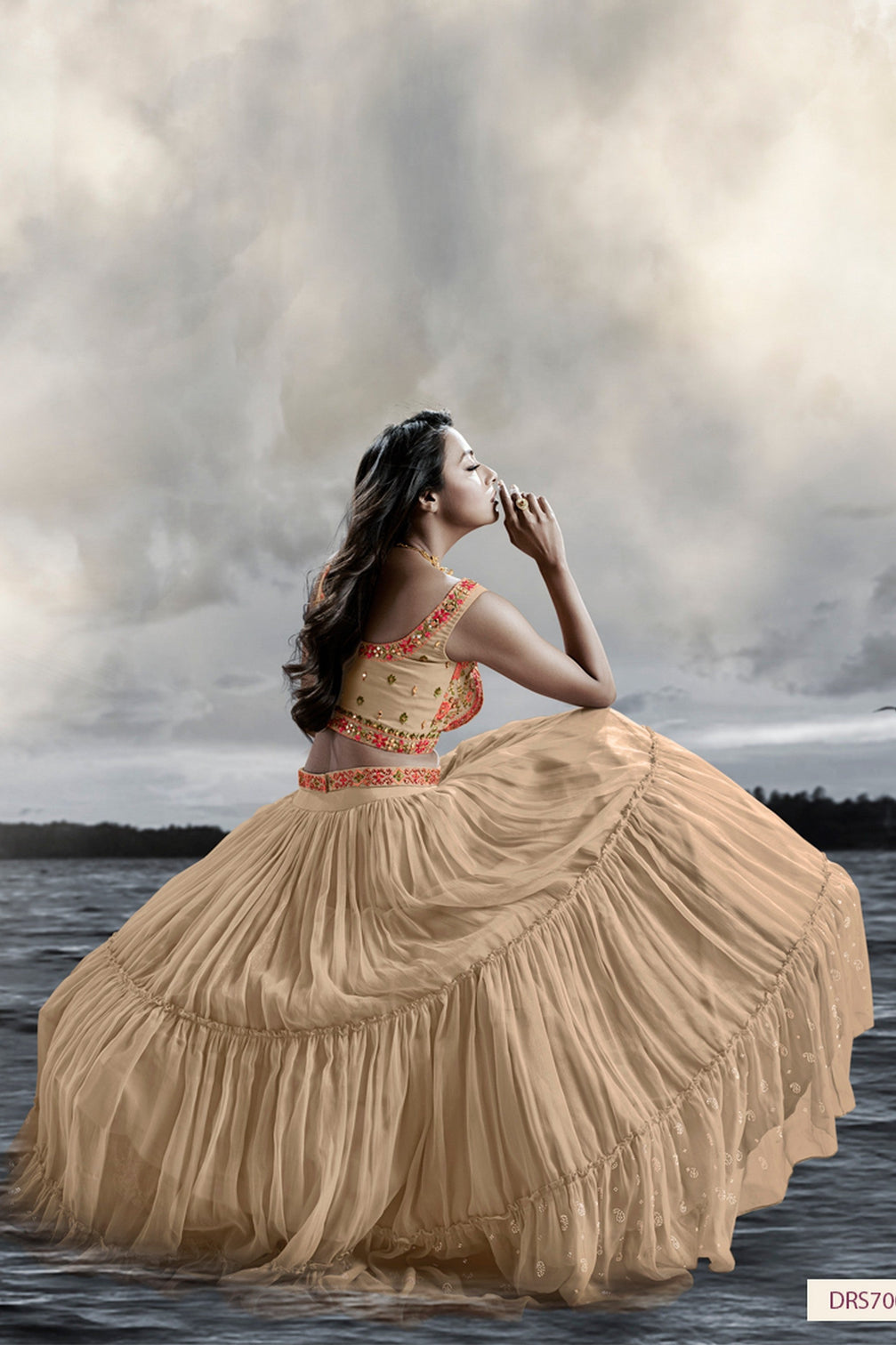Beige Art Silk Ruffle Lehenga Choli For Indian Festivals & Weddings - Thread Embroidery Work, Handwork Work