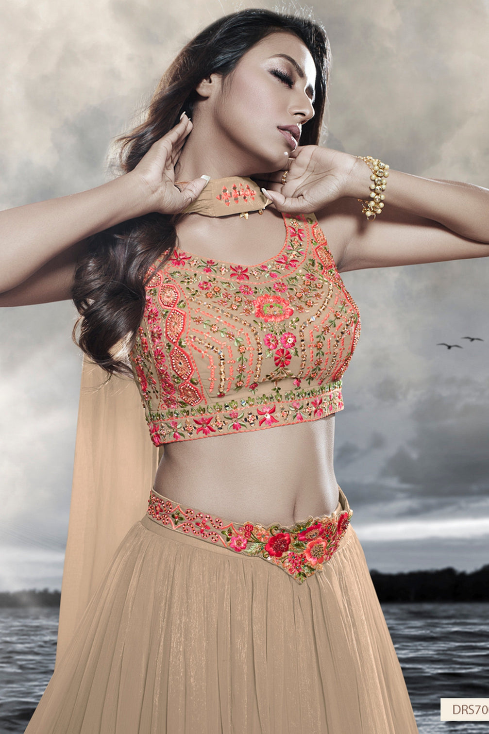 Beige Art Silk Ruffle Lehenga Choli For Indian Festivals & Weddings - Thread Embroidery Work, Handwork Work